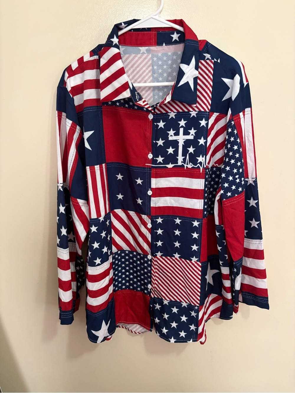 Oufisun Patriotic Star & Stripe Button-Up Shirt - Red Navy White
